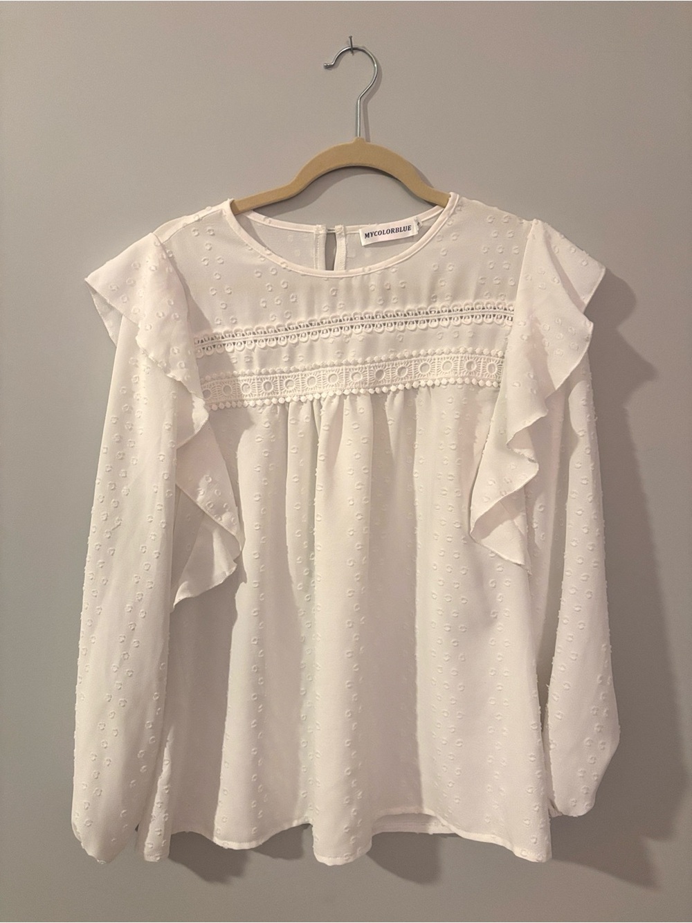 White Ruffle Swiss Dot Long Sleeve Blouse